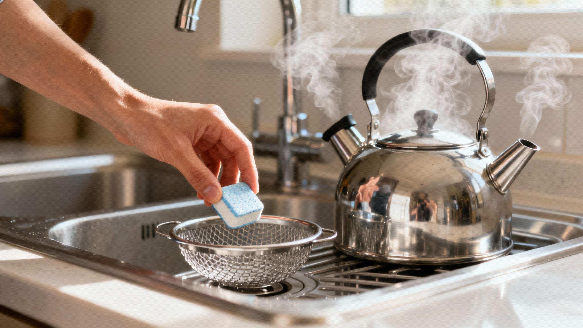 En person hælder kogende vand ned i en køkkenvask, hvor der ligger en opvasketab.