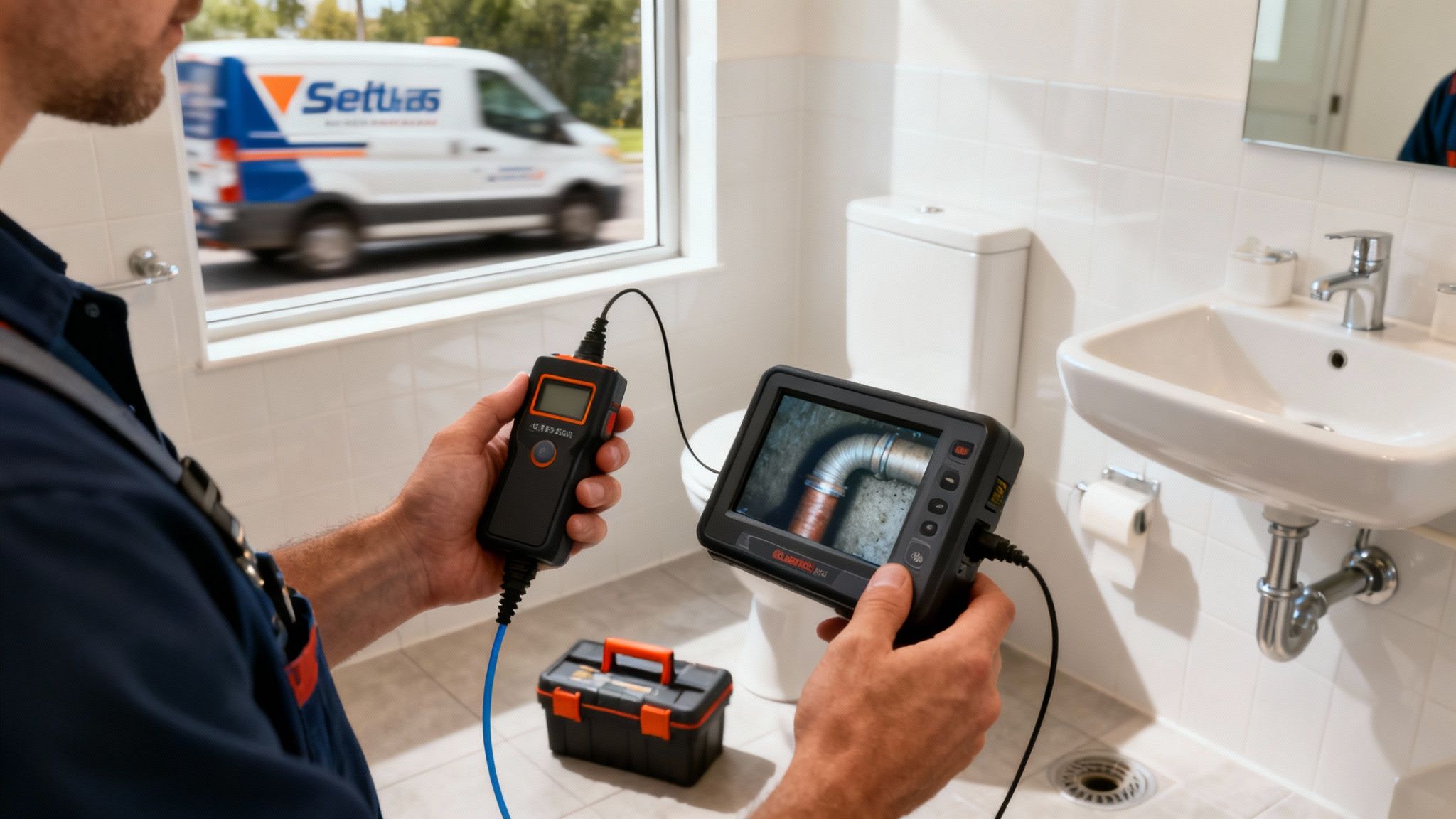 VVS-tekniker bruger kamerainspektionsudstyr til at undersøge afløbsrør i badeværelse for at finde årsagen til tilstoppet toilet