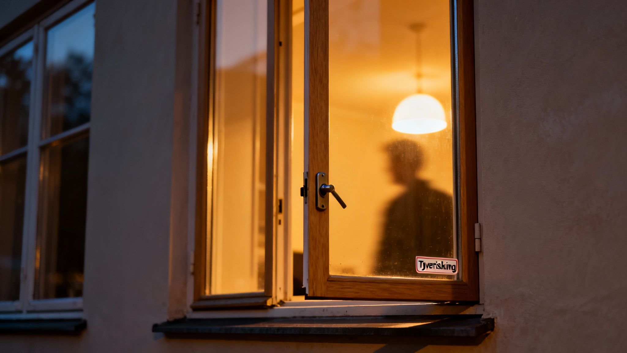 En åben vindue med et 'Tyverisikring'-mærkat afslører et varmt oplyst rum med en persons silhuet og en lampe.