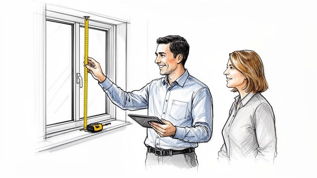 Professionel opmåling af vindue til træ/alu-vinduer med konsulent og kunde.