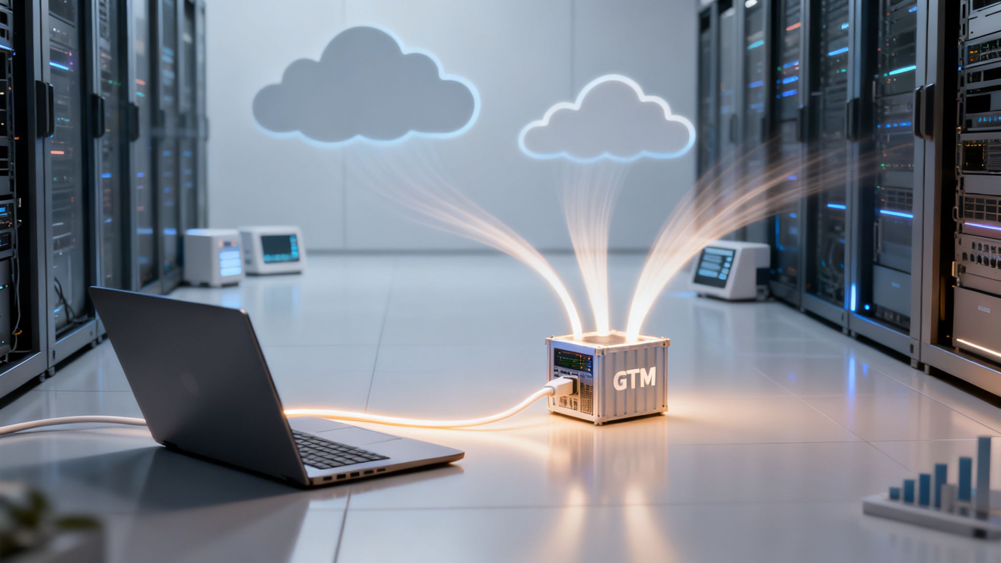 Et serverrum med en bærbar computer, en GTM-enhed, der sender data til to skyikoner på væggen.