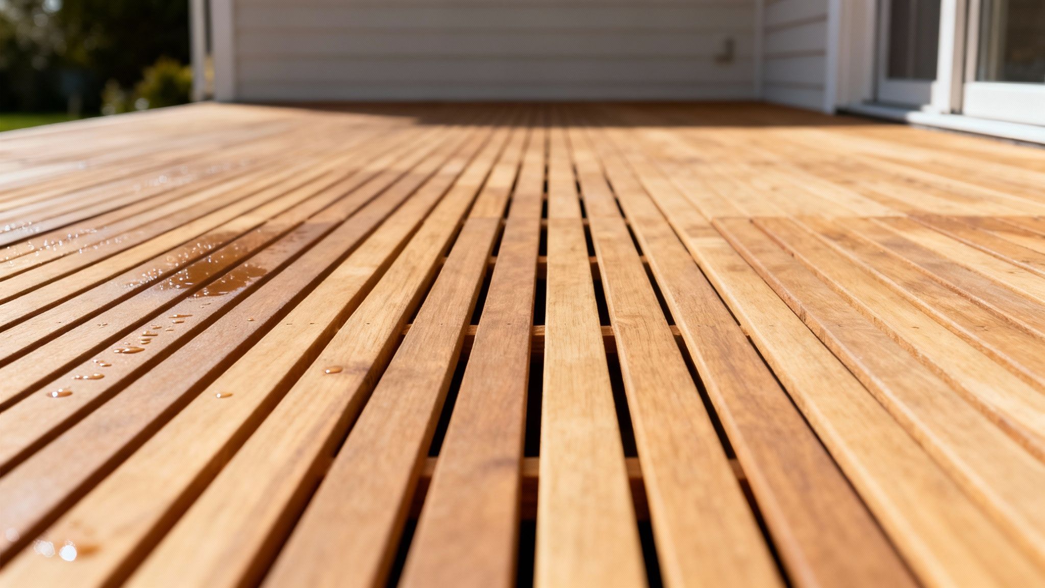 En solbeskinnet træterrasse med vanddråber og tydelige mellemrum mellem de lyse, smalle terrassebrædder.