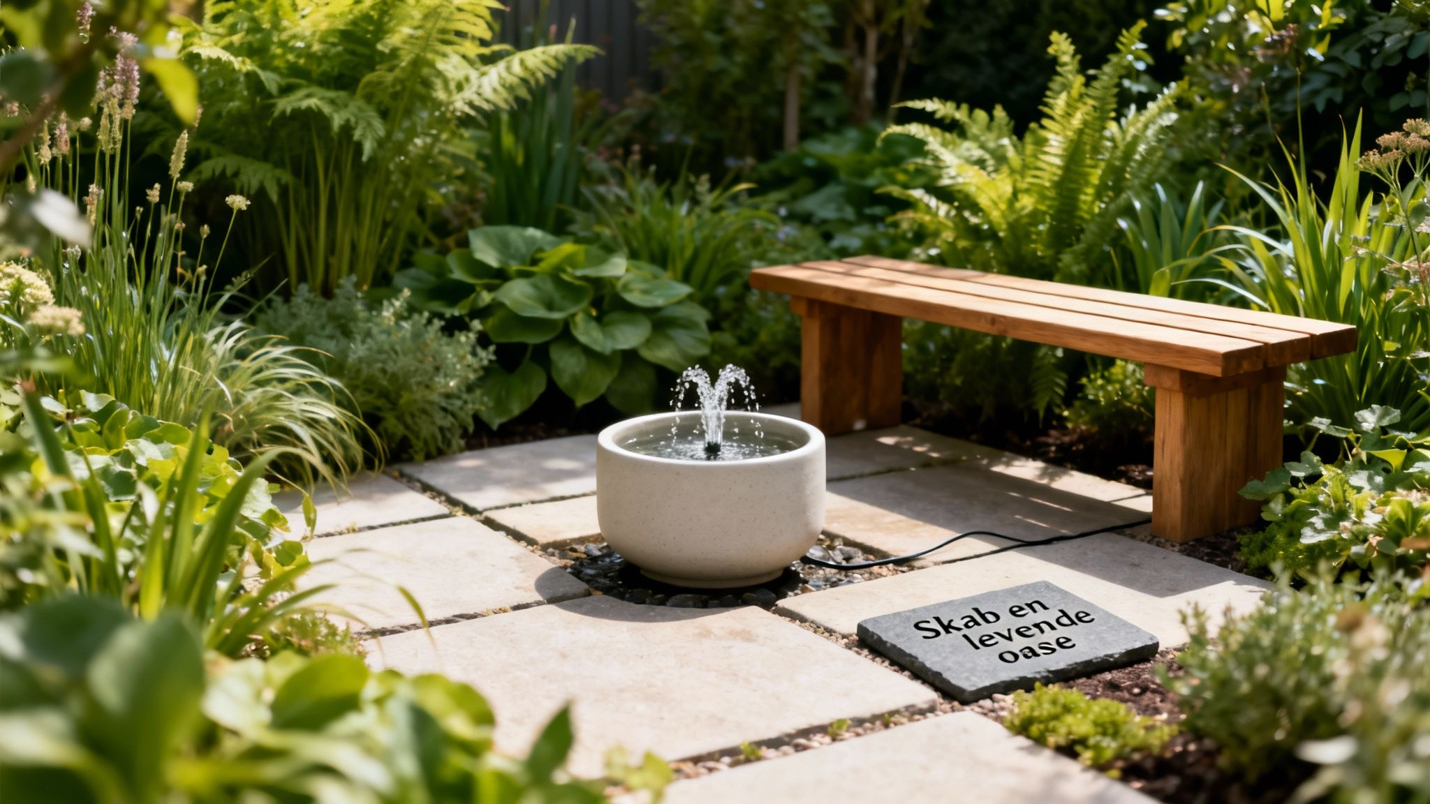 En rolig have med et vandspil i keramik, en træbænk og frodige grønne planter.