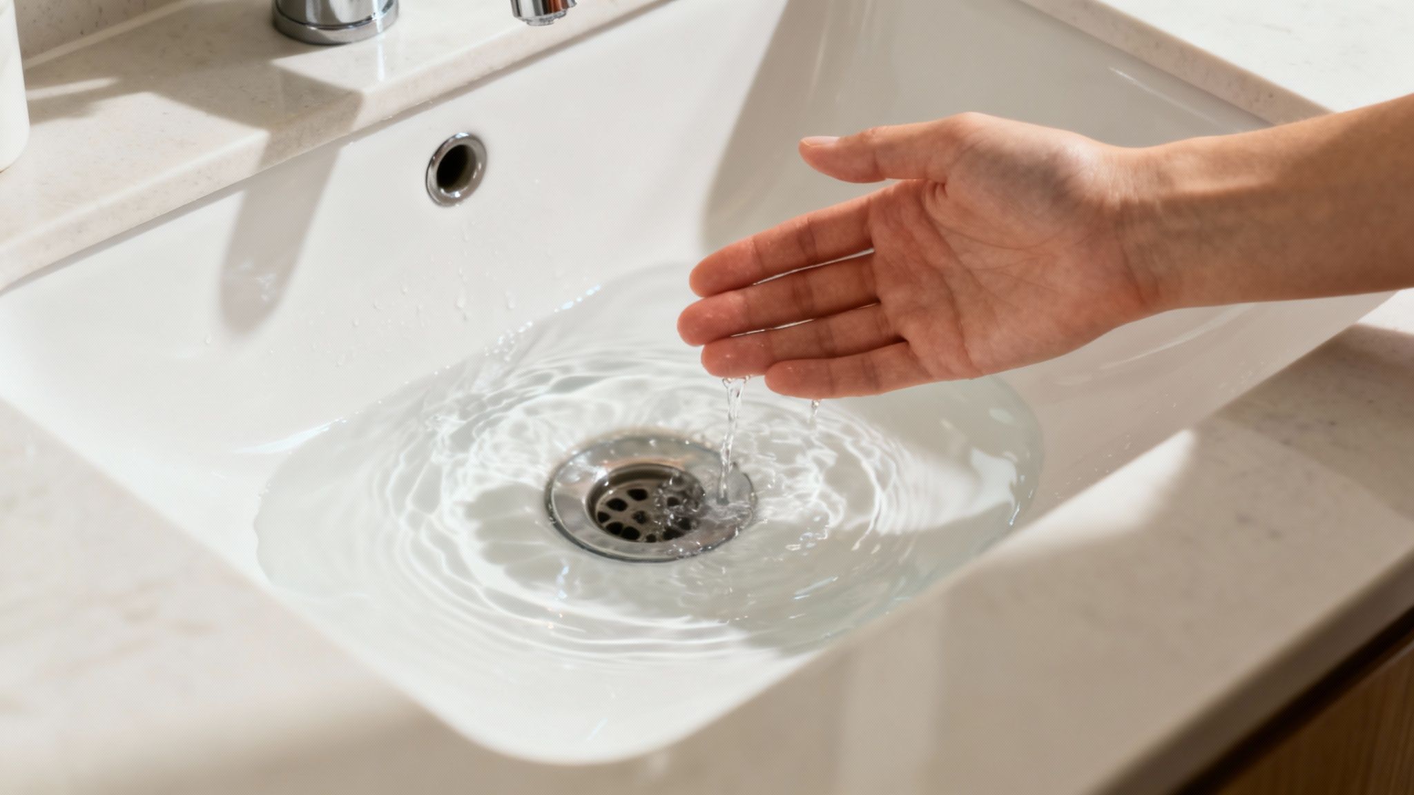 En person kigger ned i et langsomt drænende afløb