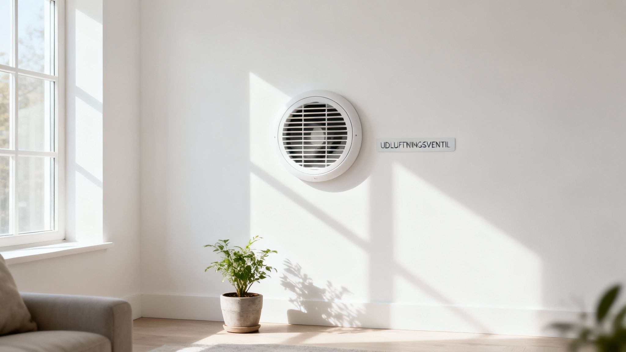 En hvid væg med en udluftningsventil, en grøn plante og sollys fra et vindue.