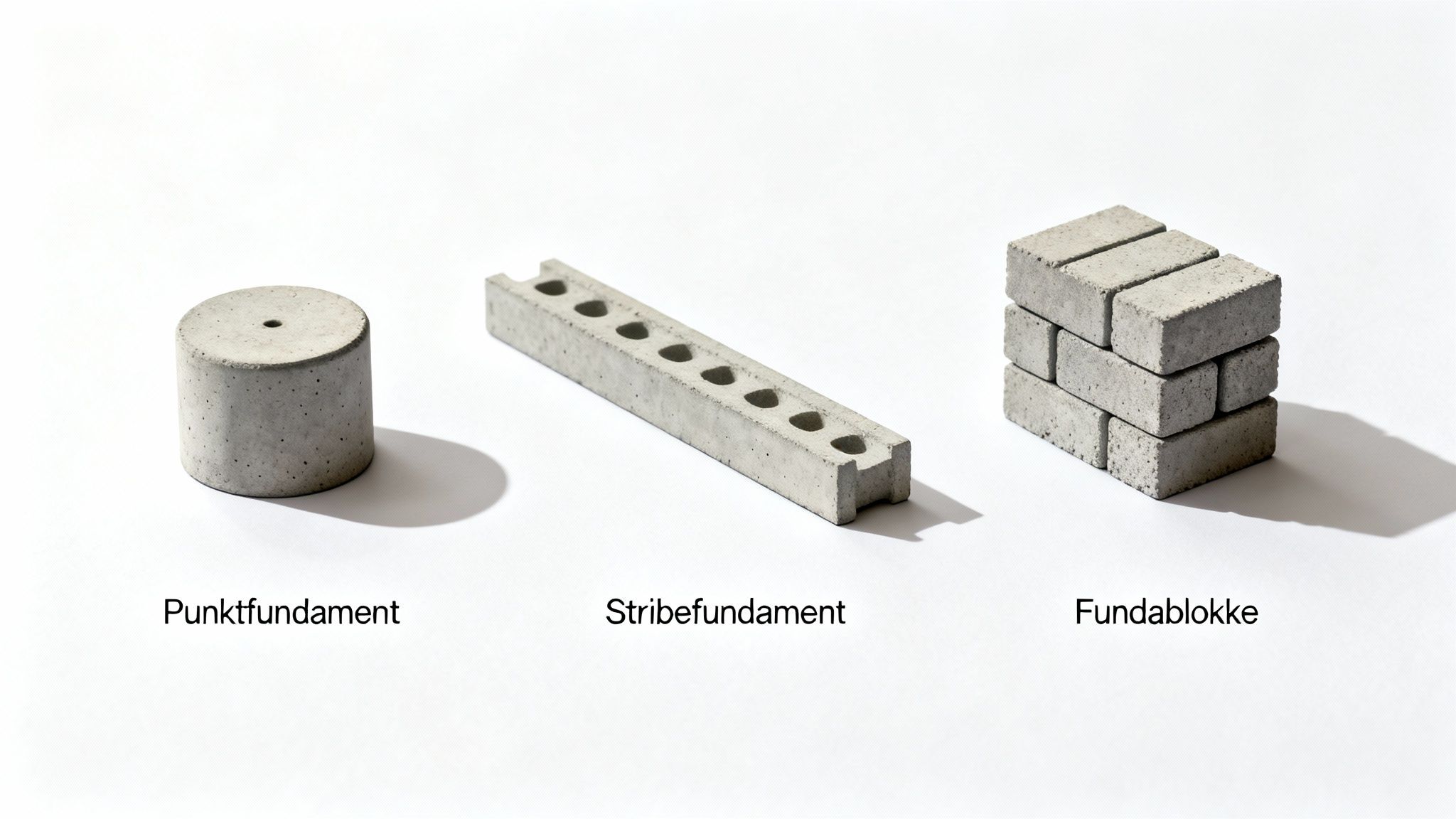 Tre forskellige typer fundamenter: punktfundament, stribefundament og fundablokke på en hvid baggrund.
