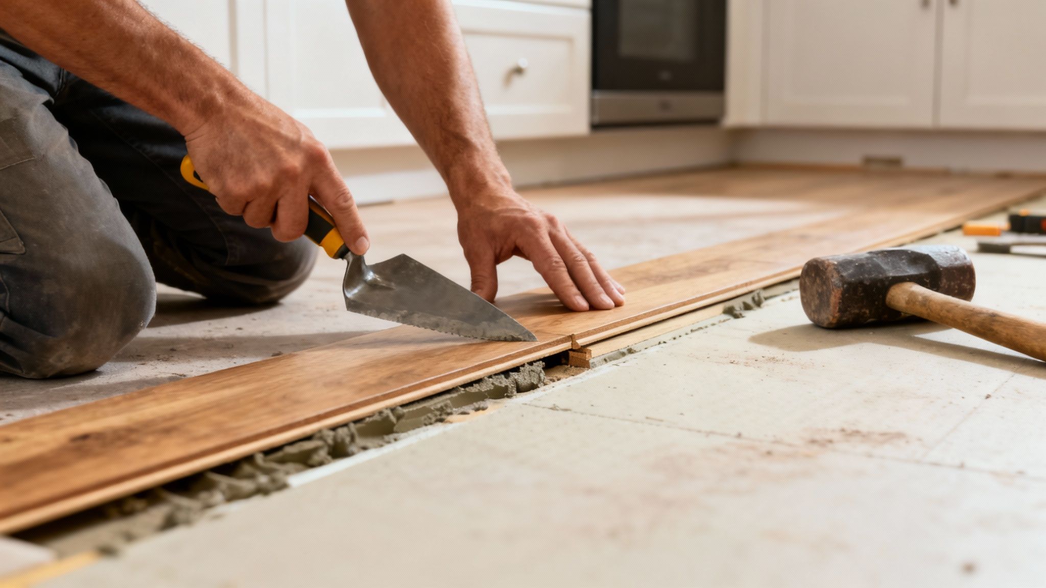 Håndværker installerer lyst trægulv i køkken med håndværktøj og hammer synlig