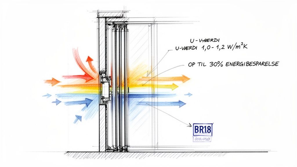 Detaljeret teknisk tegning af et facadeelement, der viser varmetransmission og U-værdi for energieffektivitet.