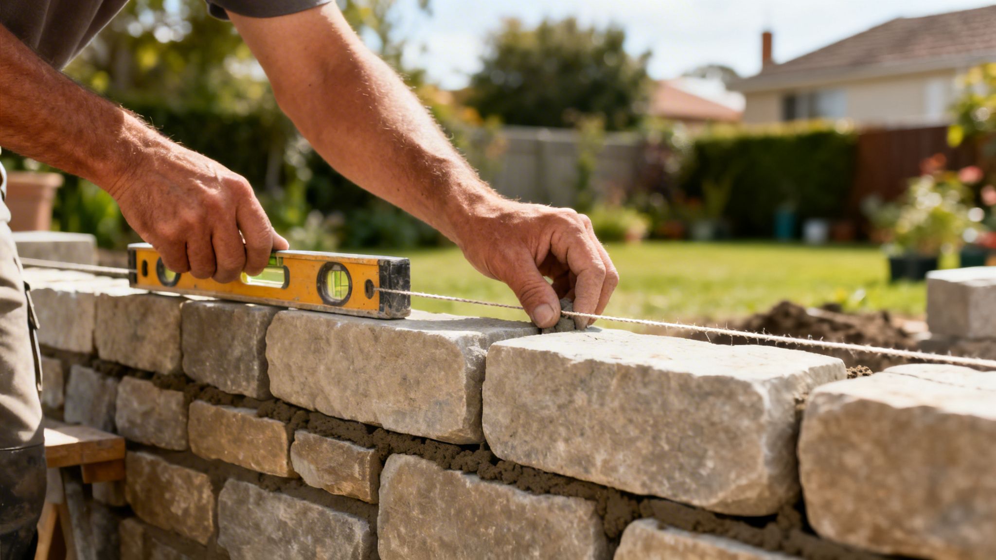 En person bygger en stenmur i en have, bruger et vaterpas og en snor til præcision.