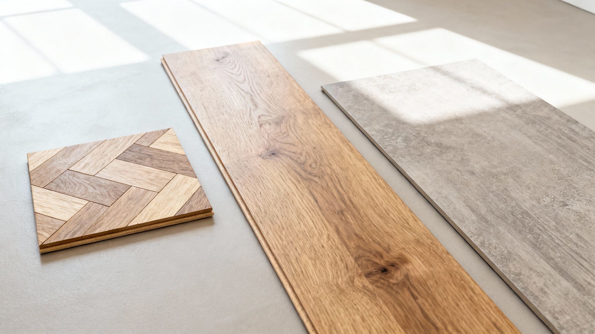 Forskellige gulvprøver, herunder træparket i sildebensmønster, lange træplanker og en grå flise.