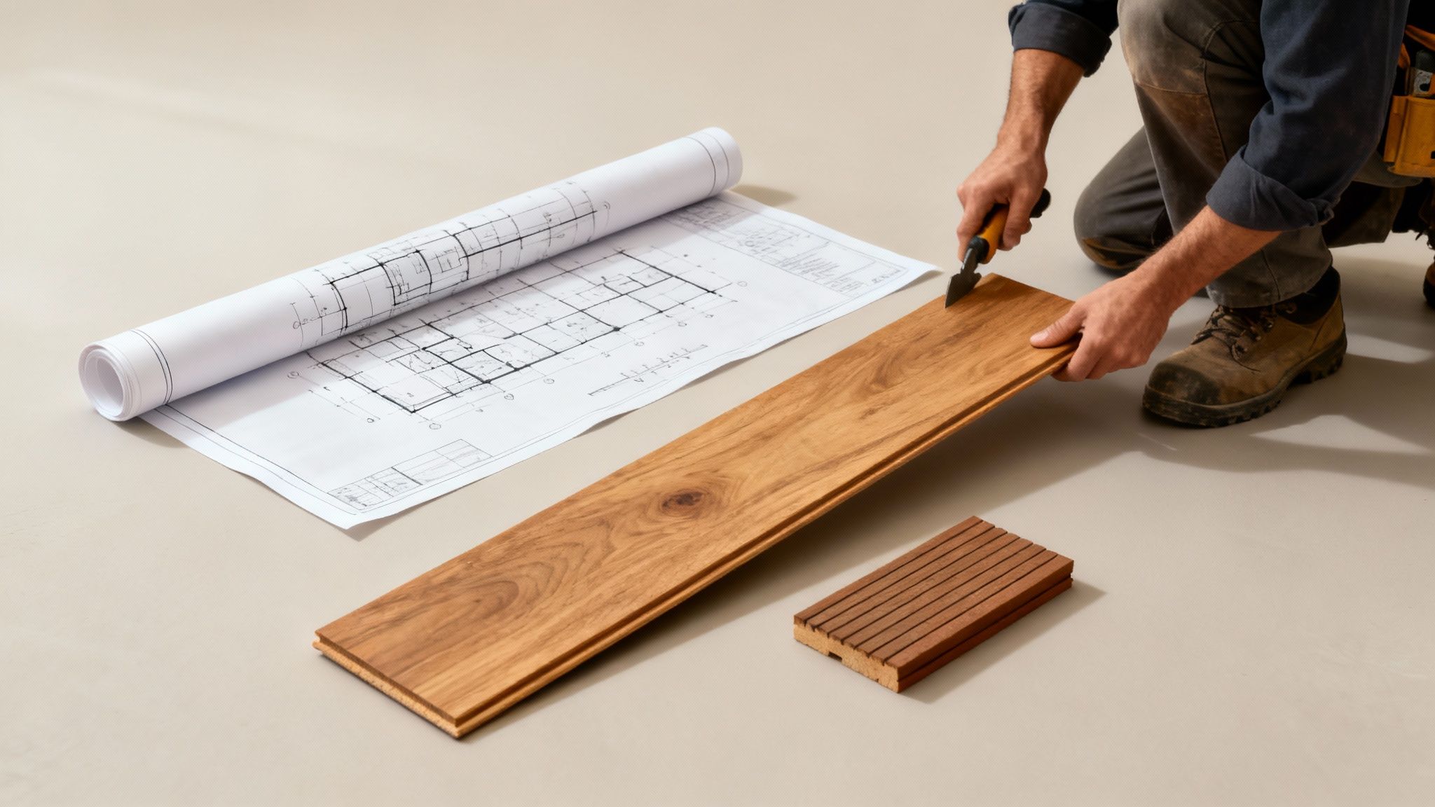 En smuk, nybygget træterrasse med havemøbler i baggrunden.