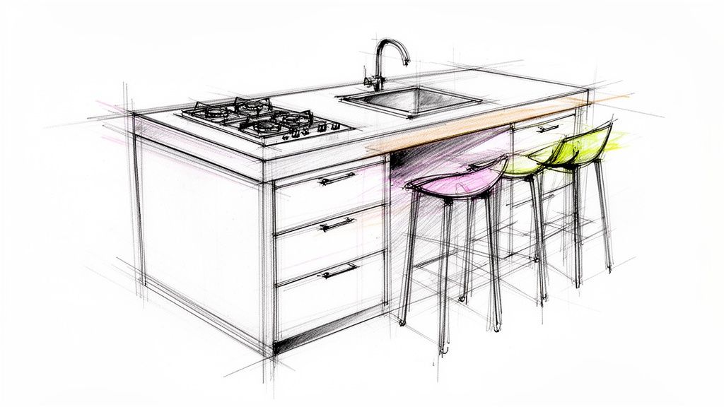En detaljeret skitse af en moderne køkkenø med kogeplade, vask og tre farverige barstole.