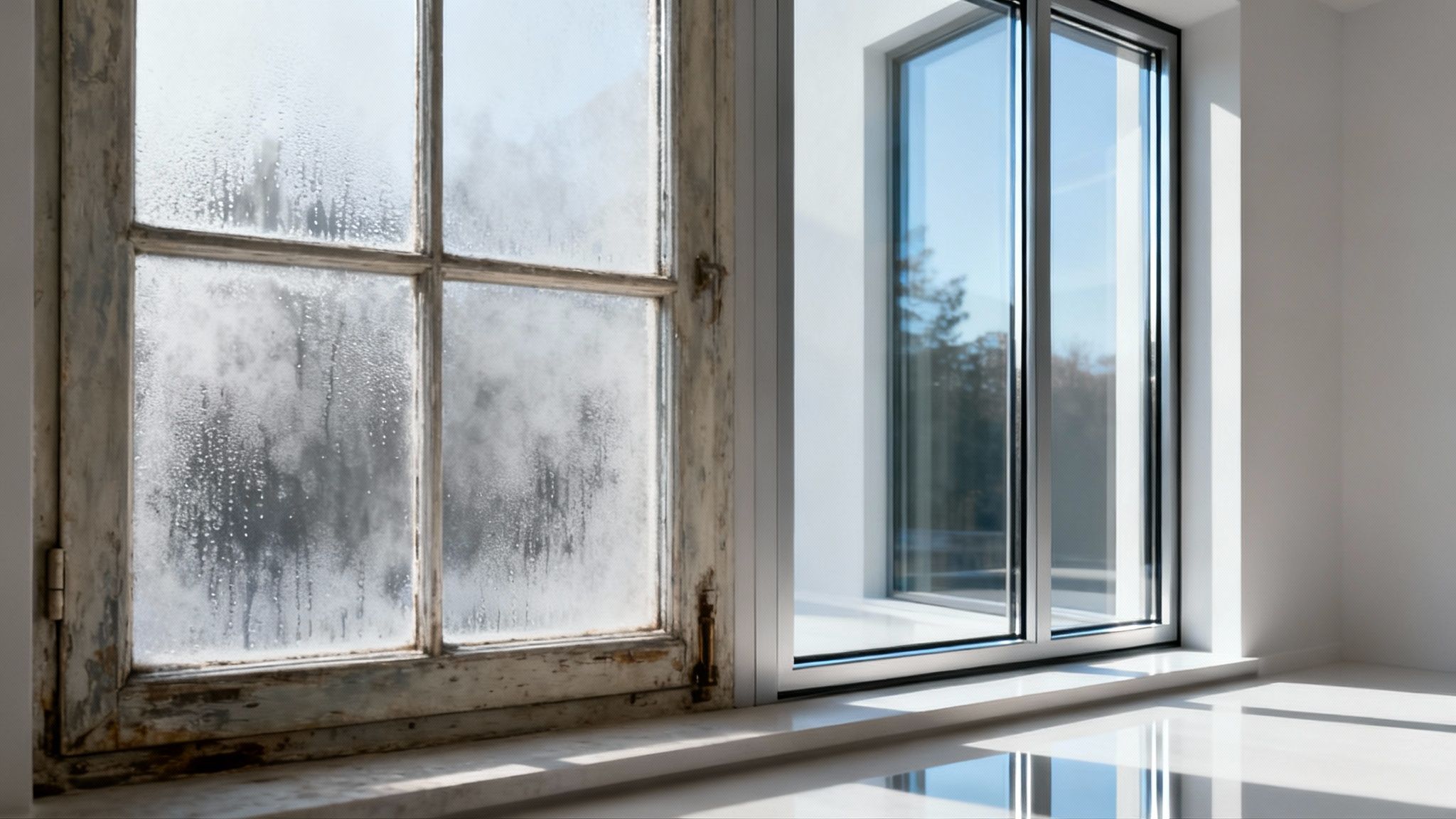 Et moderne energivindue set indefra, der viser et klart udsyn og ingen kondens