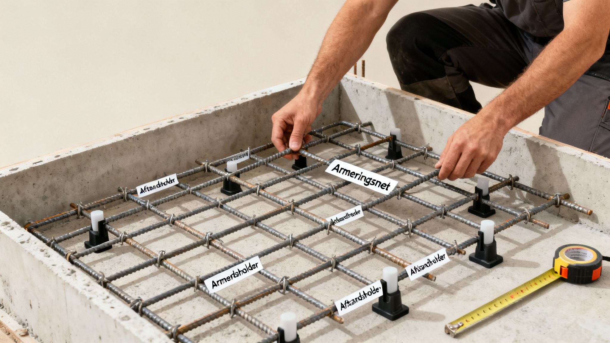 En hånd placerer et armeringsnet i en betonform med afstandsholdere, klar til støbning af gulv.