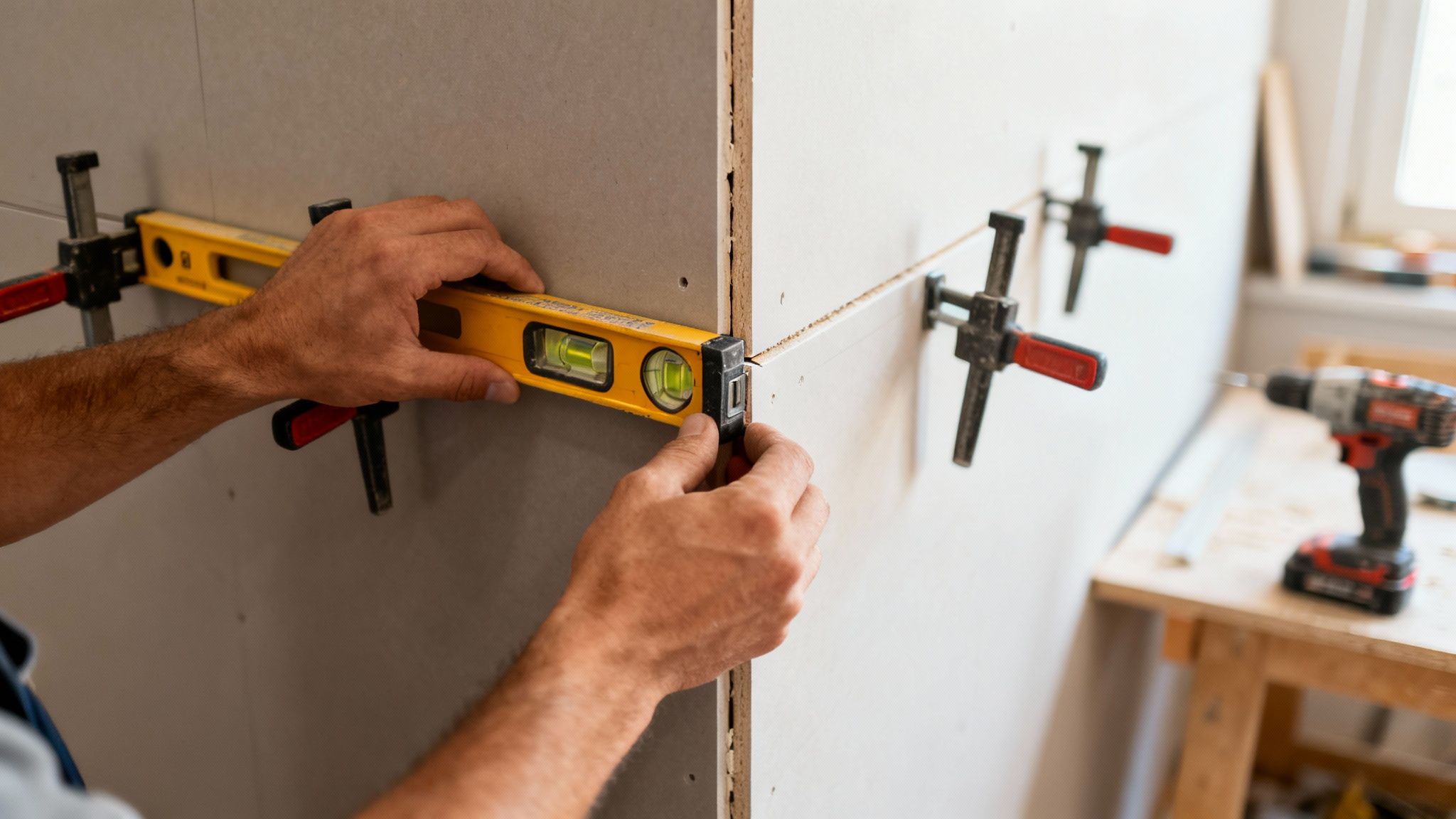 En håndværker måler en væg med et vaterpas under installation af vægpaneler, sikrer korrekt niveau.