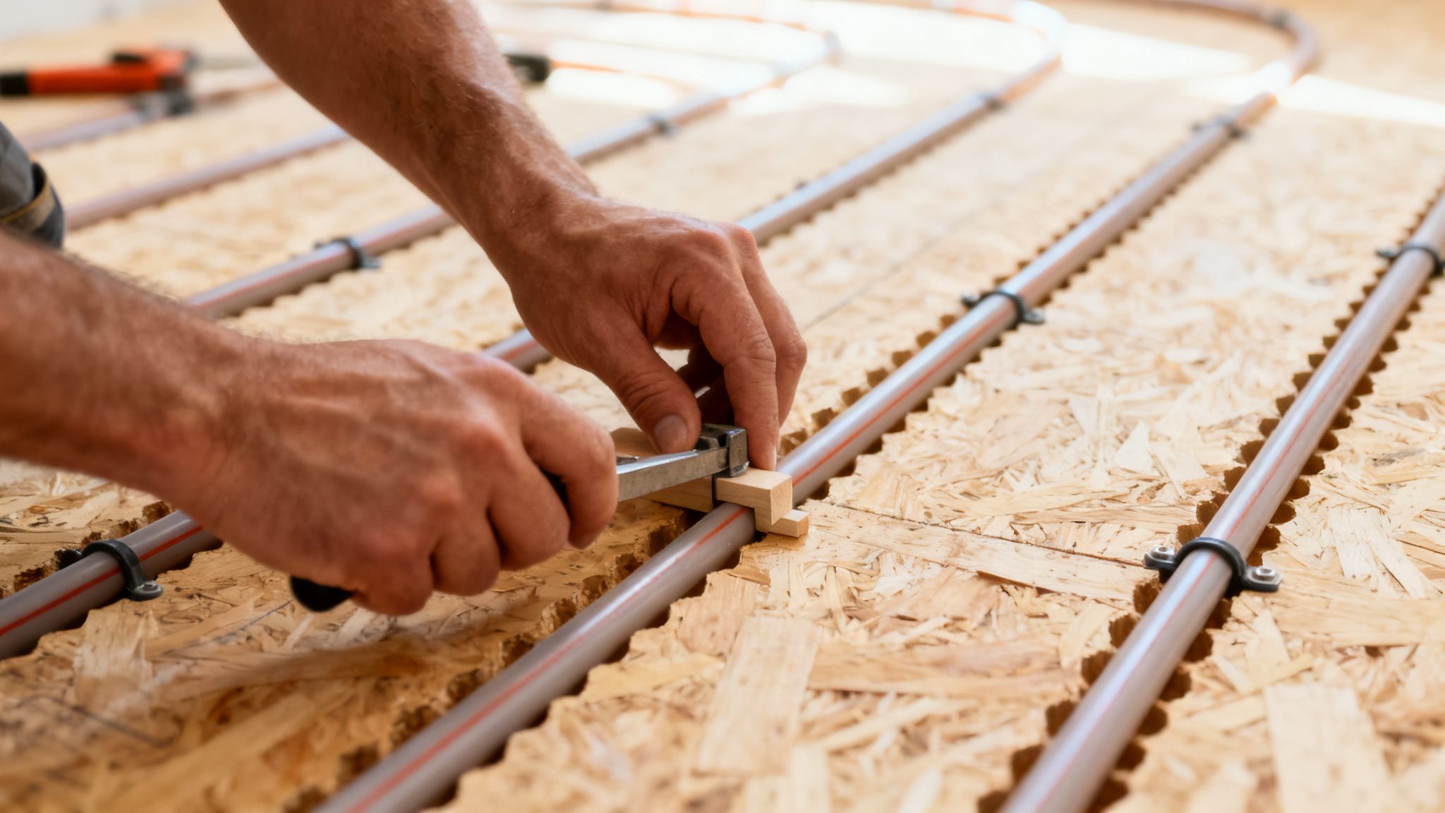 Håndværker installerer gulvvarmerør på spånpladegulv ved hjælp af specialværktøj.