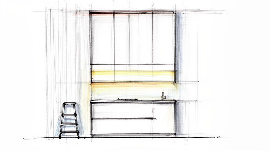 Arkitektonisk skitse af et moderne køkken med store vinduer, en bordplade, skabe og en lille skammel.