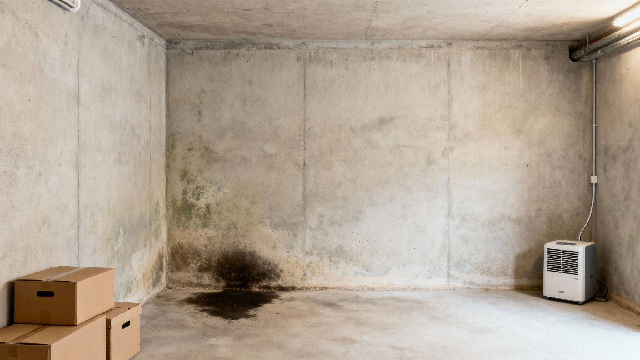Fugtig og muggen kælder med sorte plamager, en affugter og flyttekasser på gulvet.