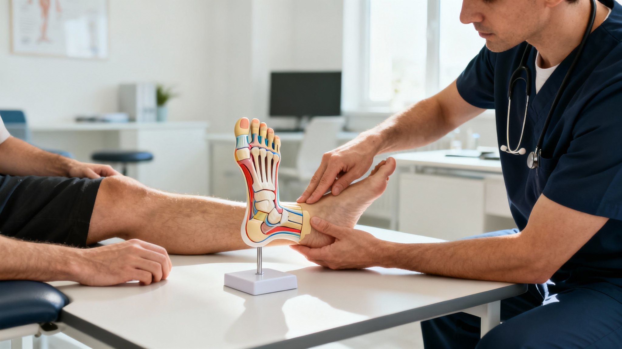 En læge undersøger en patients fod på en klinik, med en anatomisk fodmodel på bordet.