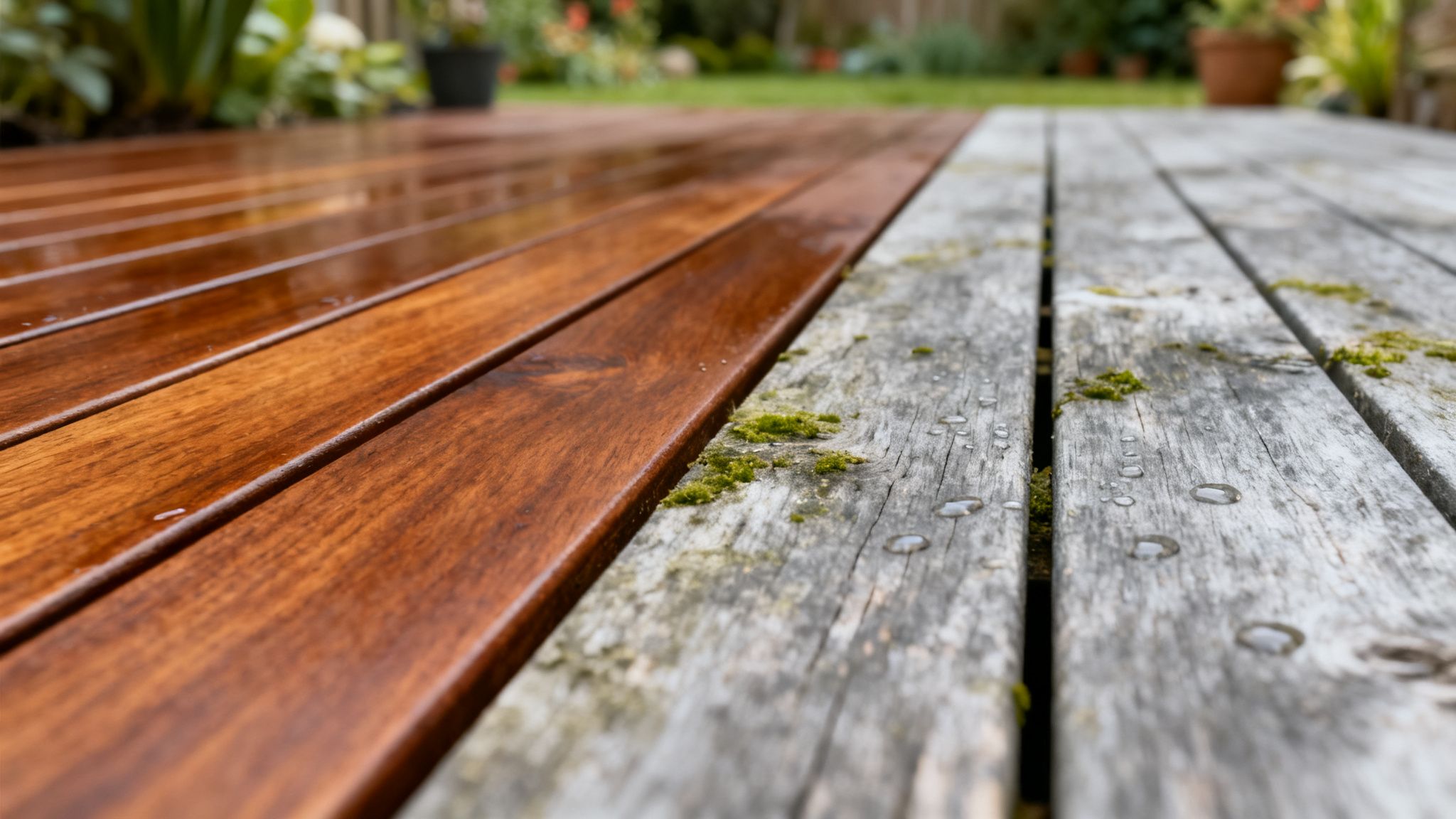 Træterrasse med en nybehandlet, mørk side og en ubehandlet, grå side med mos og vanddråber.