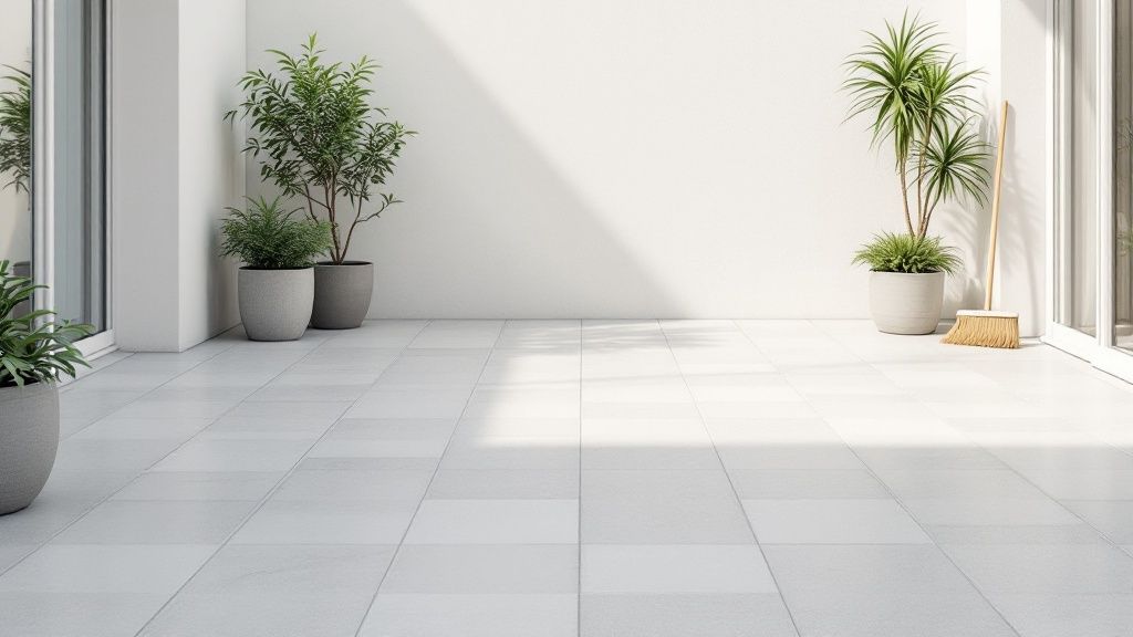 En person fejer udendørs fliser på en terrasse med en kost