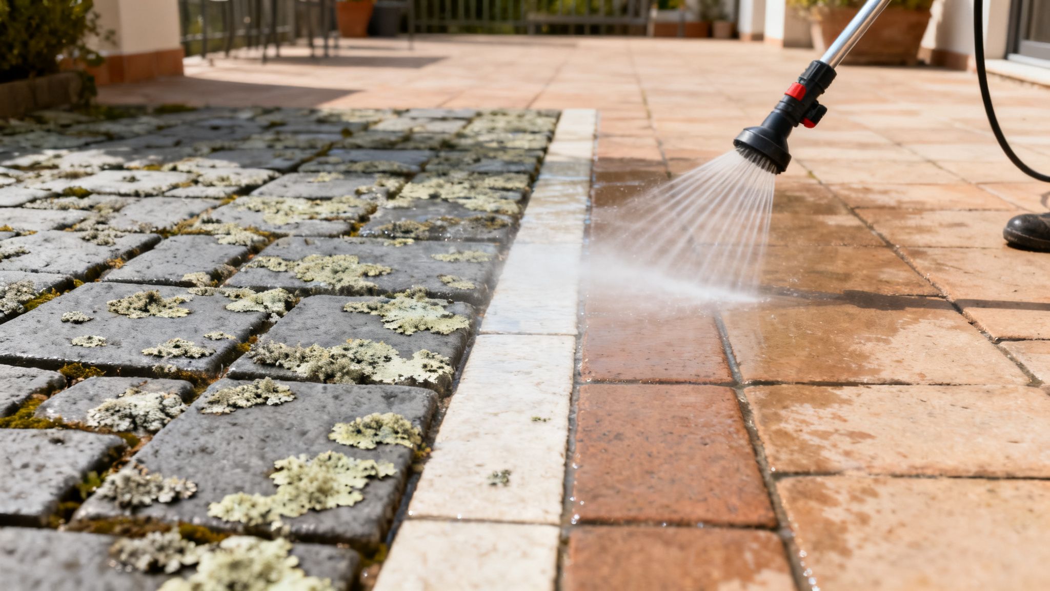 En person rengør udendørs fliser for flisepest med en højtryksrenser, viser før- og efterforskellen.