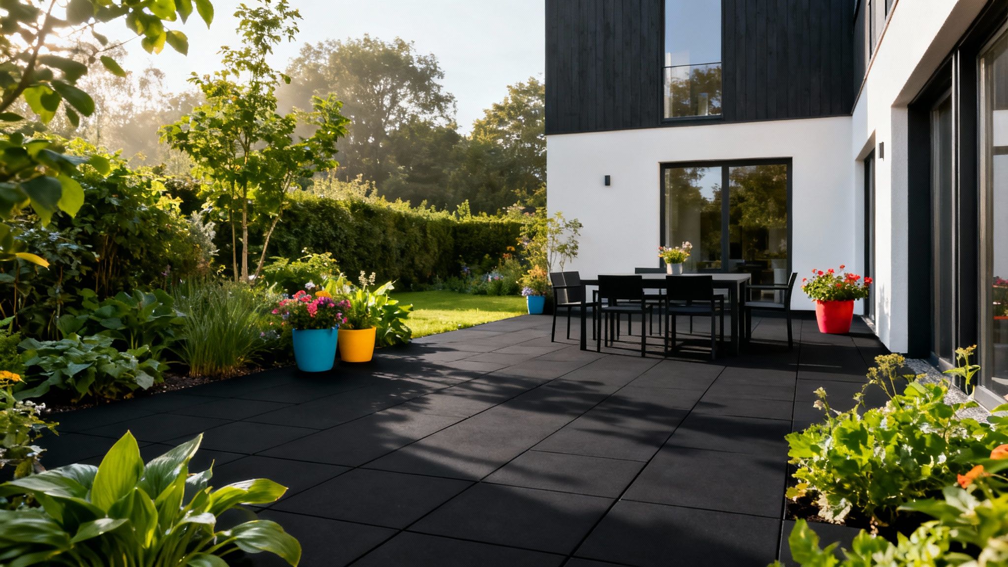 Moderne hus med sort fliseterrasse og grøn have med farverige blomster i potter.