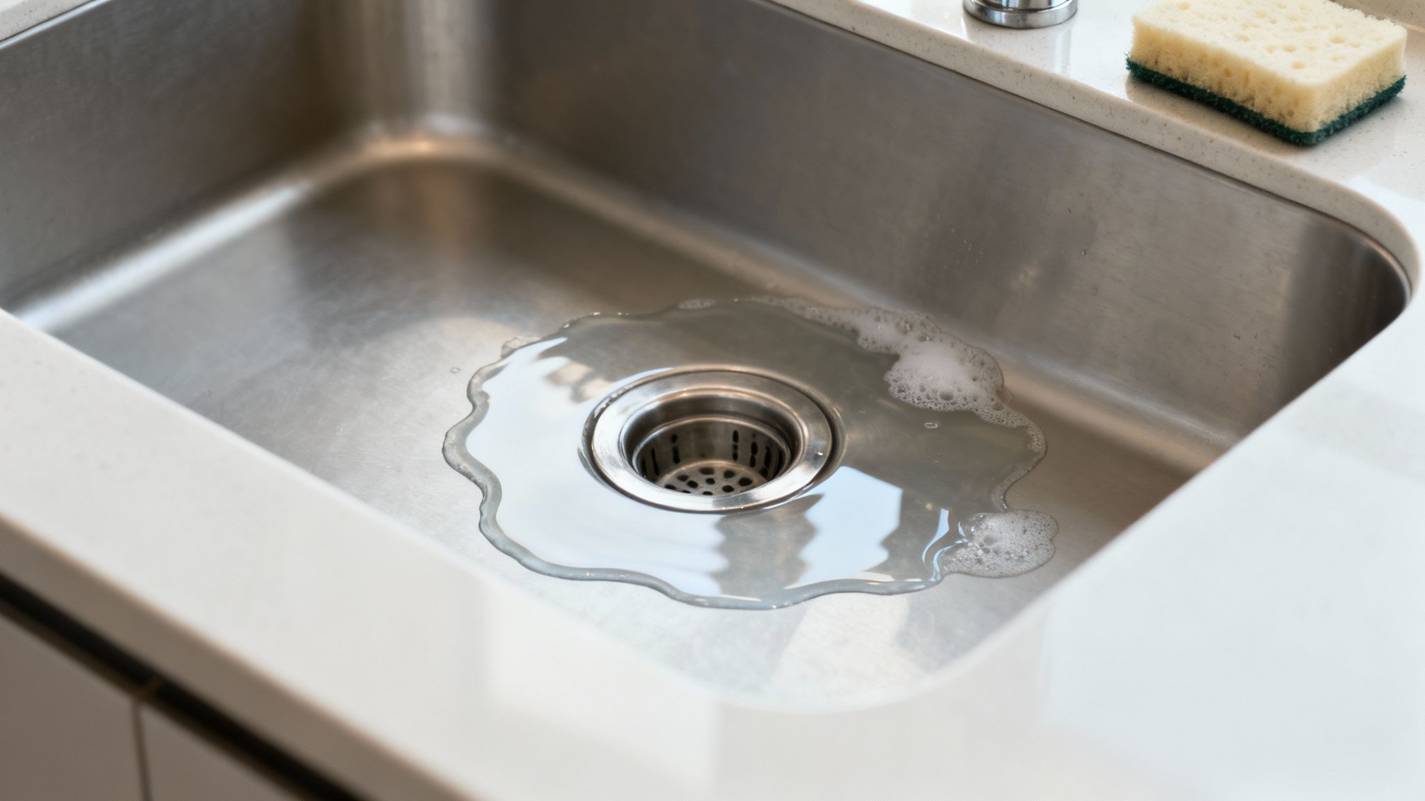 Et nærbillede af en køkkenvask i rustfrit stål med vand og sæbeskum omkring afløbet, der indikerer et muligt stoppet afløb. En svamp ligger på bordpladen.