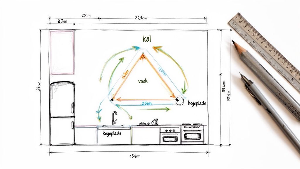 Håndtegnet køkkenskitser med mål, et arbejdstrekantkoncept, og tegneredskaber. Viser køkkenindretning og design.