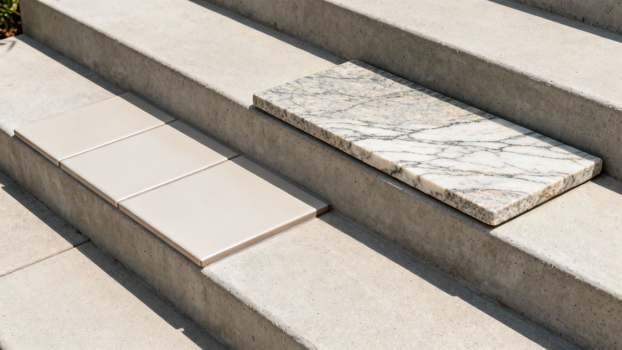 To forskellige typer fliser og en marmorplade præsenteres på udendørs betontrapper, der viser prøver.