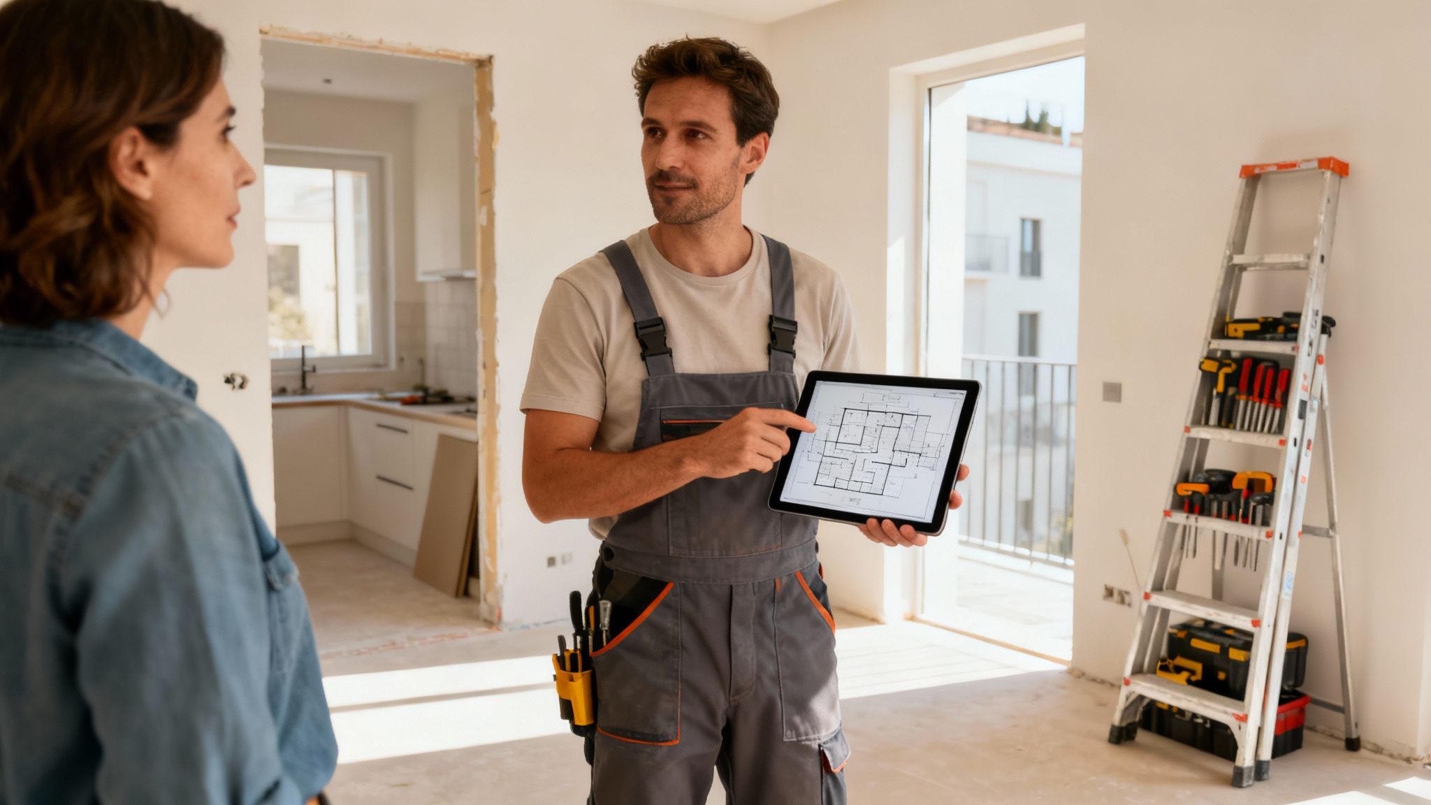 Mand i arbejdstøj viser plantegning på tablet til kvinde i en lejlighed under renovering.