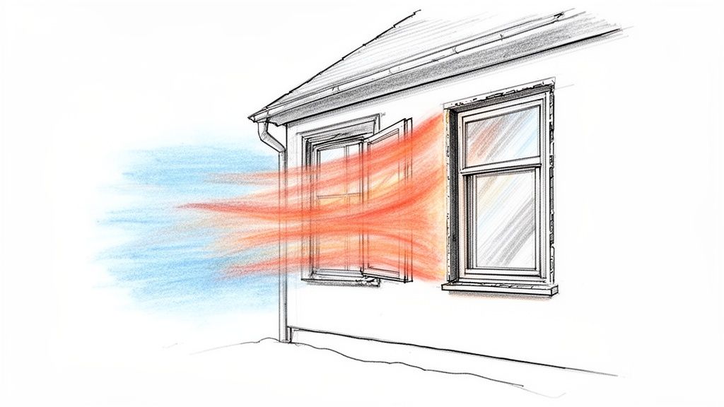 Illustration af varmetab fra et hus gennem utætte vinduer, vist med rød strøm af varme.