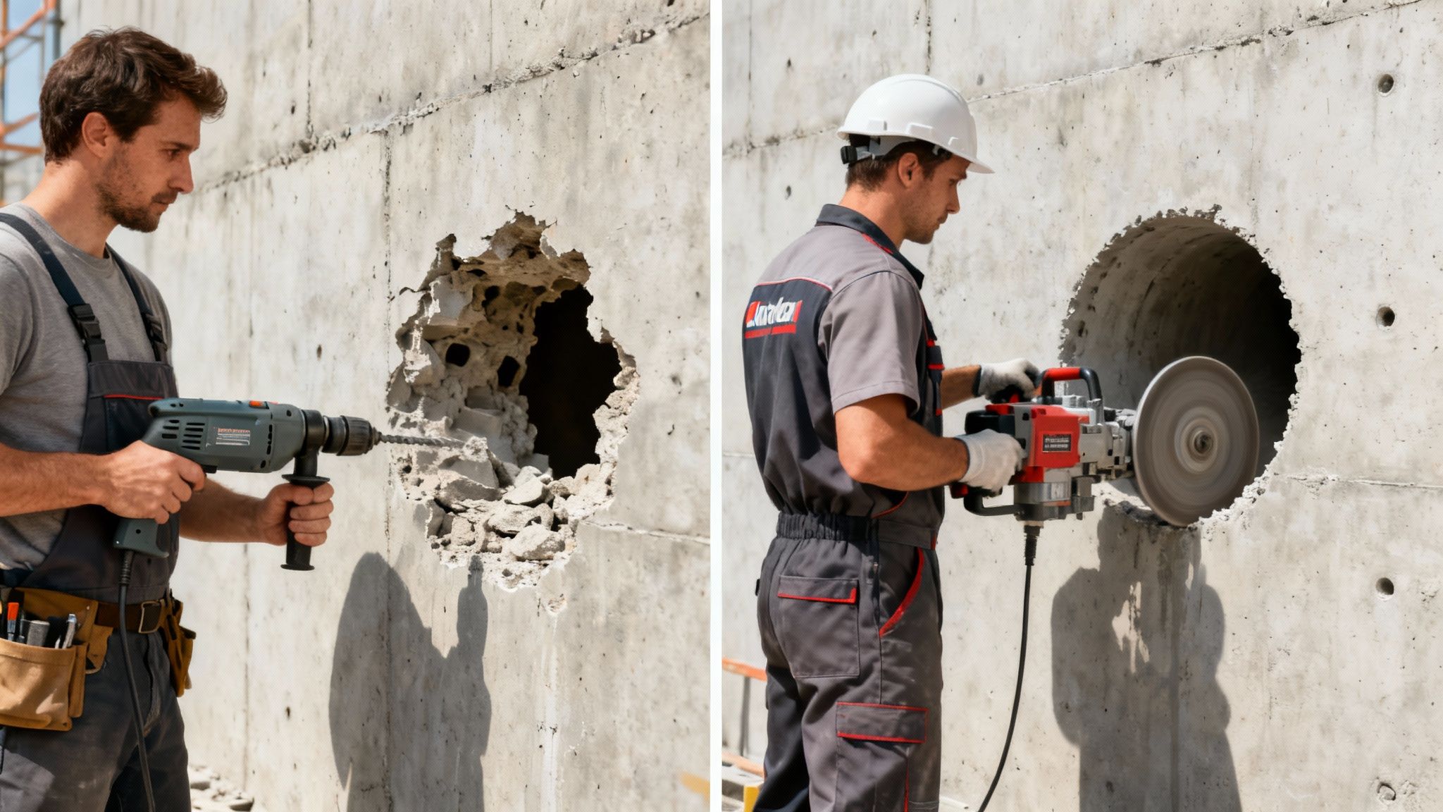 To arbejdere demonstrerer værktøj til at bore og skære huller i en betonvæg, fra en rå åbning til et rent snit.