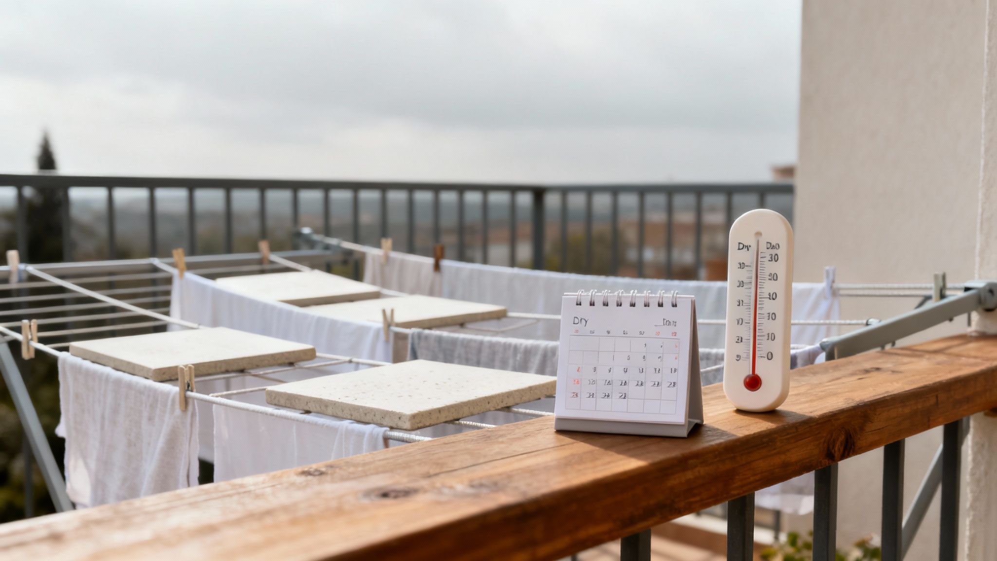 En kalender og vejrudsigt vist over en fliseterrasse for at illustrere planlægning.