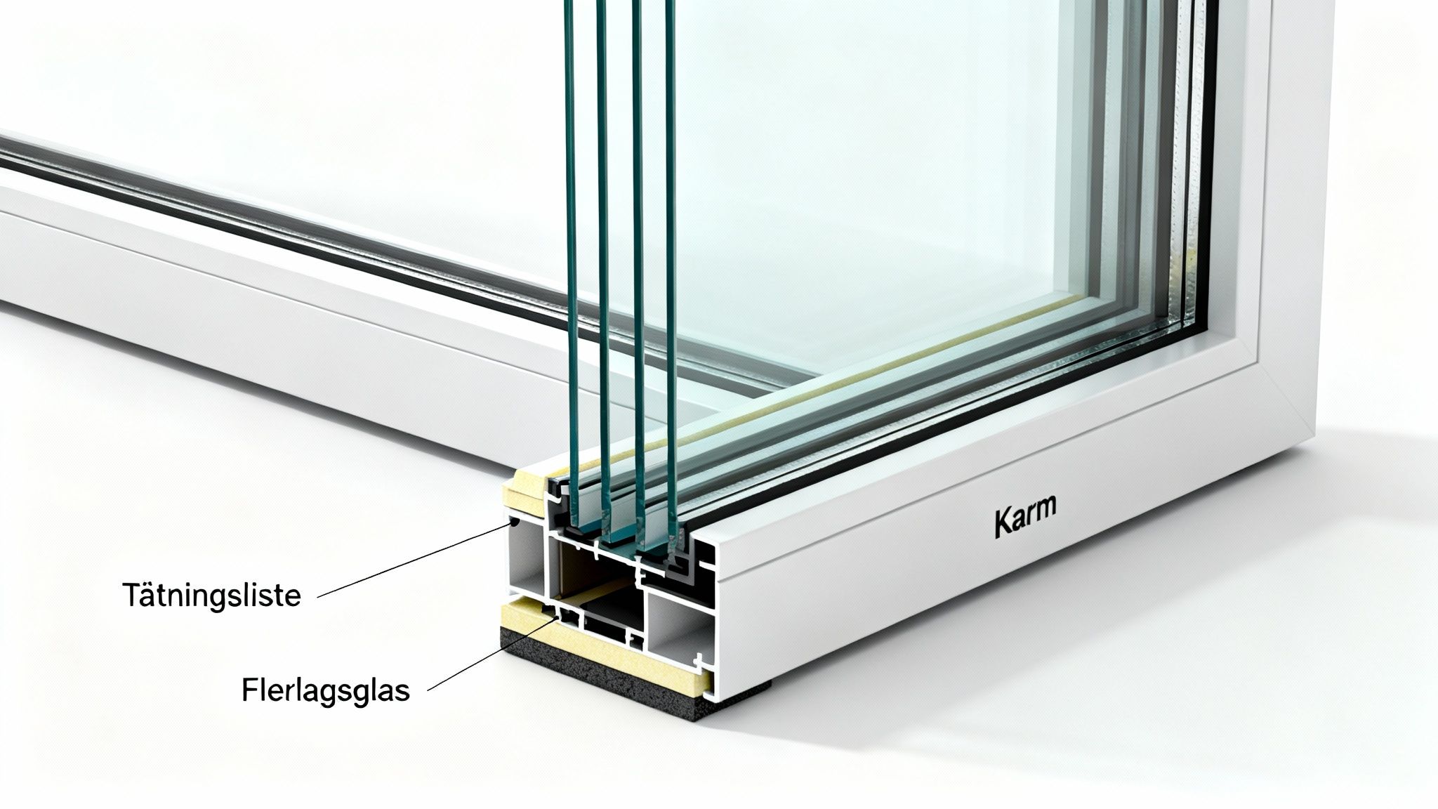 Detaljeret tværsnit af et moderne vindueskarm, der viser flerlagsglas og tætningslister for optimal isolering.