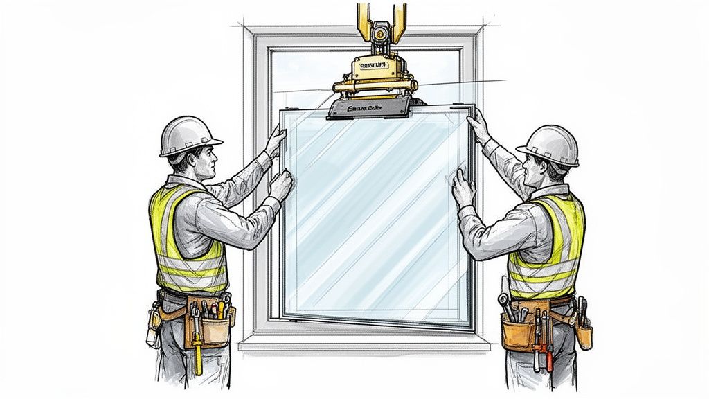 To bygearbejdere installerer en stor termorude i en vinduesramme med hjælp fra en løftemekanisme.
