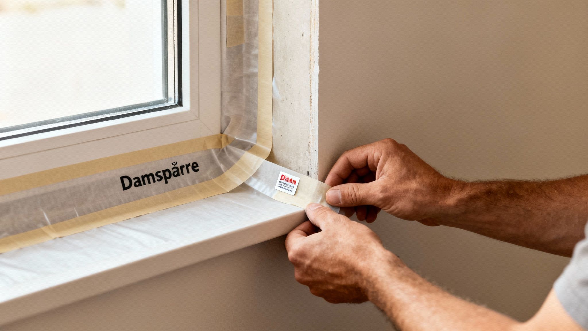 Hænder påfører Dätan dampspærretape omkring et vindueskarm. Tapen, der er mærket 'Damspærre', sikrer tætning og isolering.