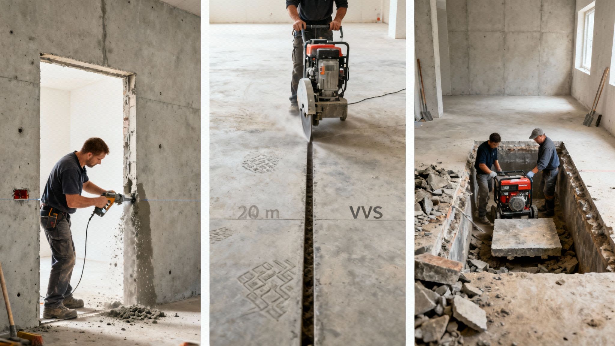 En håndværker fra Solo Service i gang med at skære i en betonvæg.