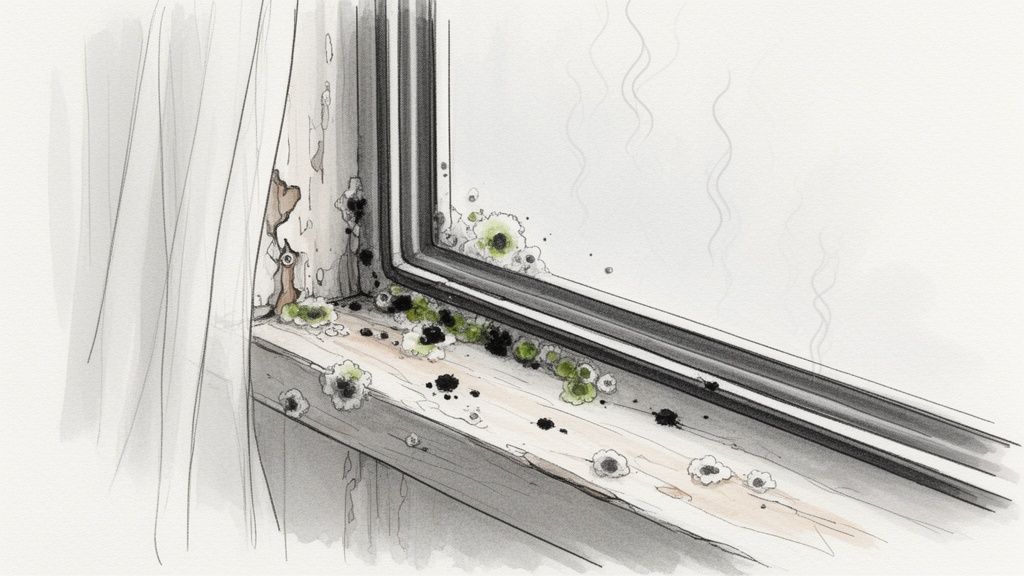 Illustration viser skimmelsvamp og fugtskader på en vindueskarm og vinduesramme.