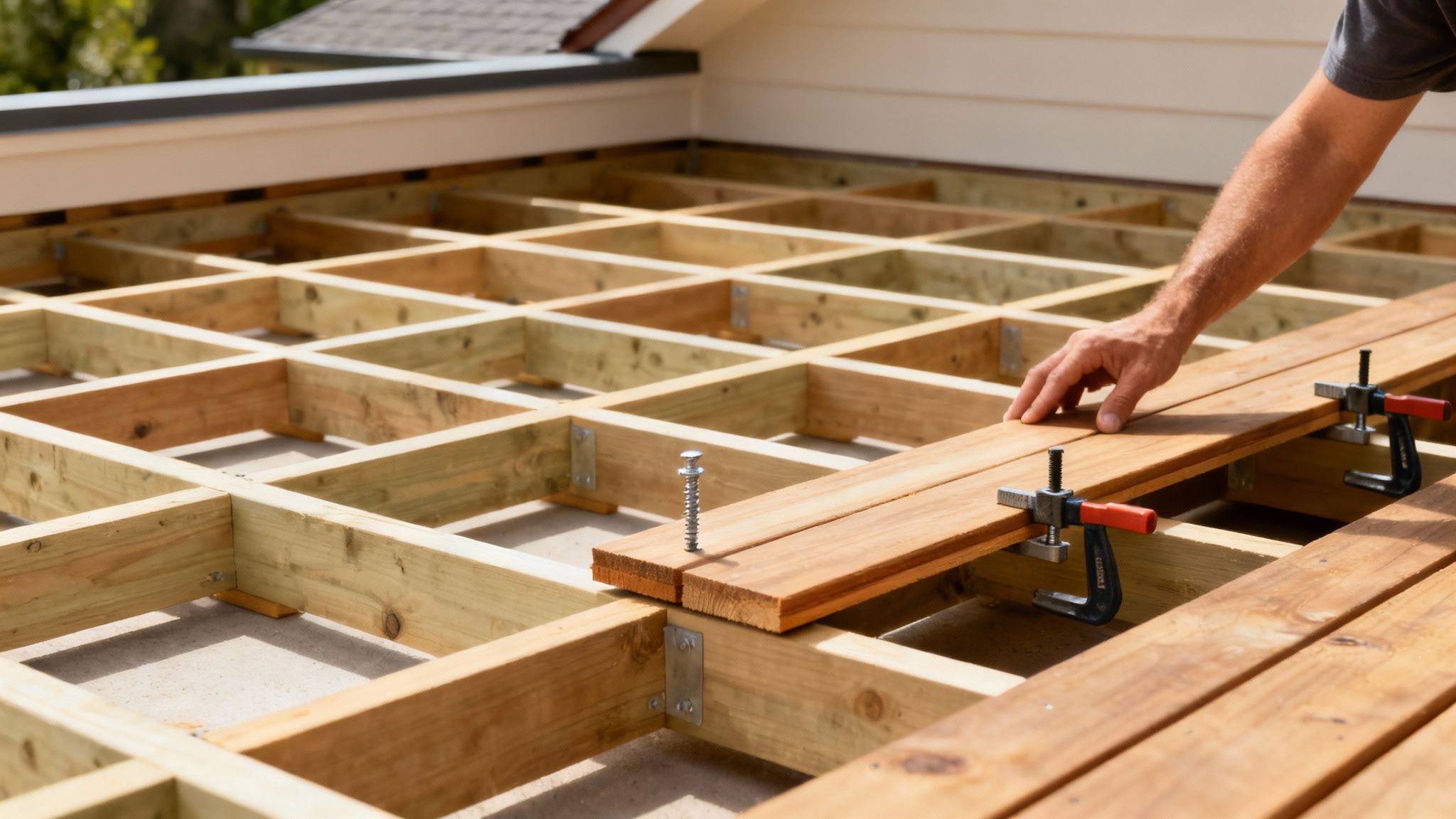 En tømrer i færd med at lægge brædder på en hævet træterrasse.
