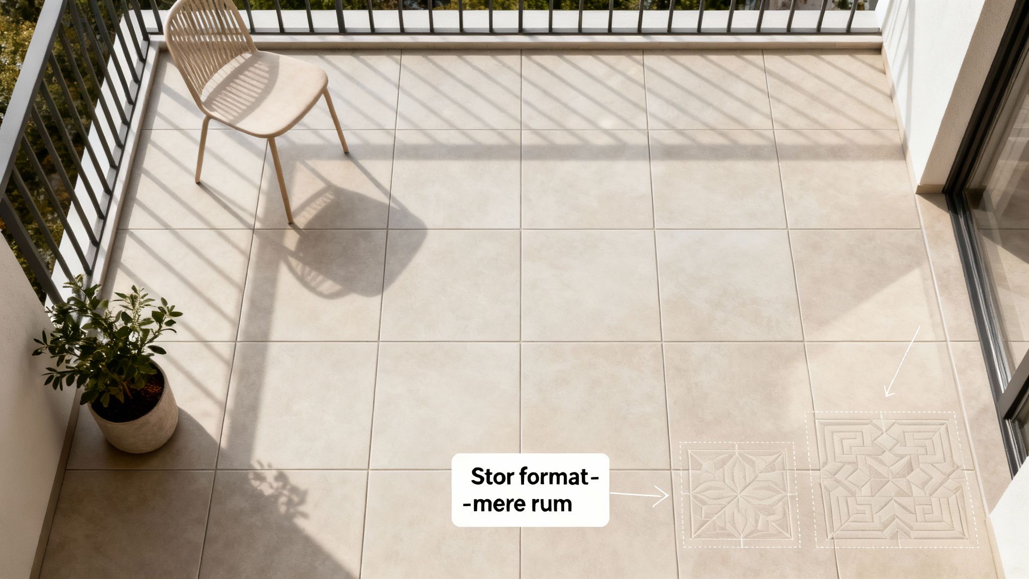 En indbydende altan med lyse, store fliser og et elegant mønster, der skaber en følelse af rummelighed.