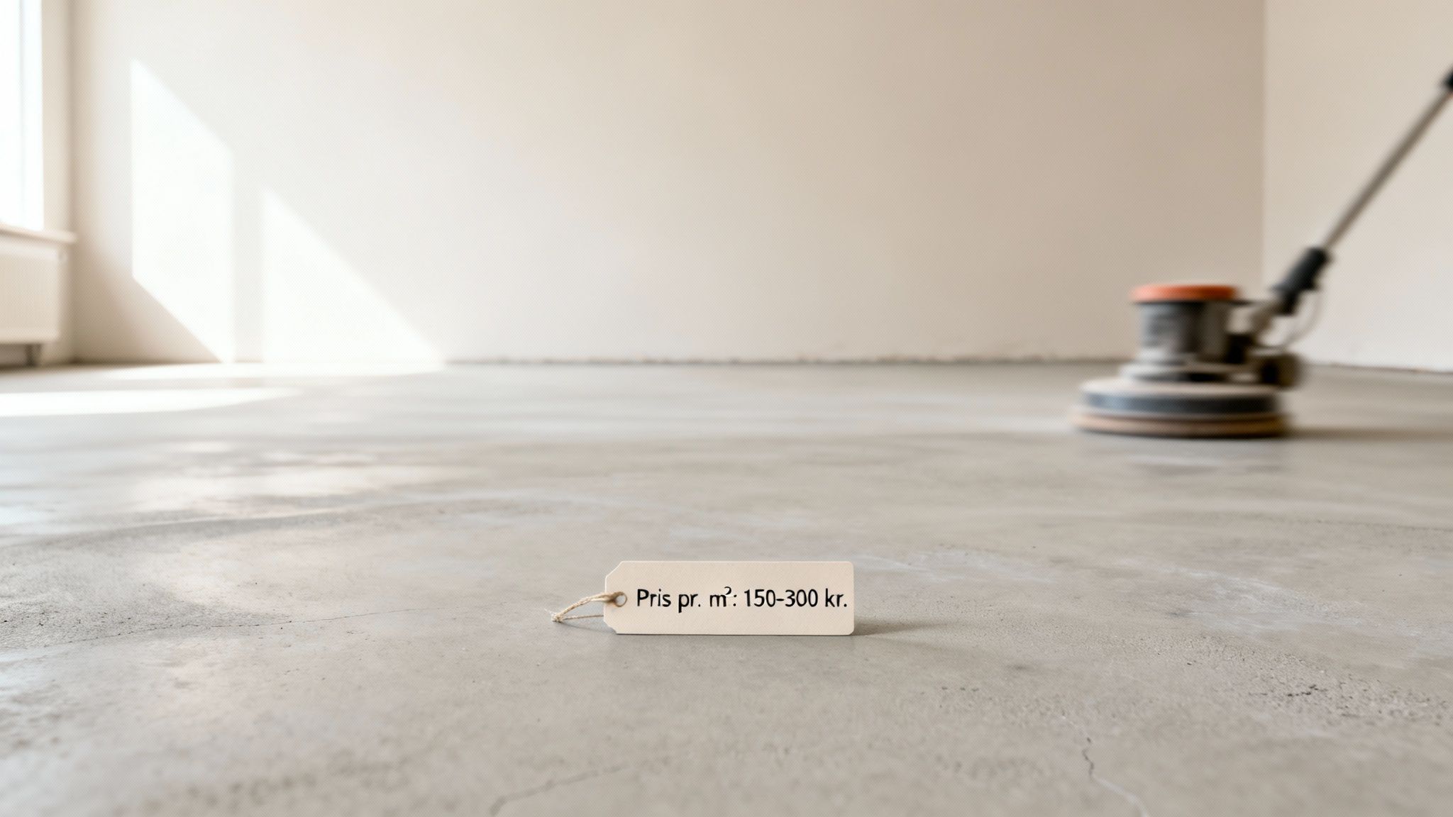 Prislap på betongulv med slibemaskine i baggrunden, viser pris pr. m² for gulvslibning.