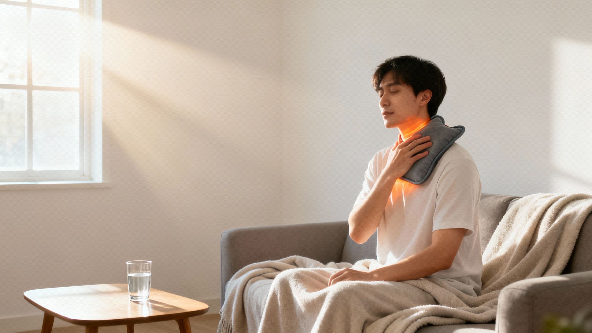 En mand sidder på en sofa med et tæppe og behandler sin ømme nakke med en varmepude.