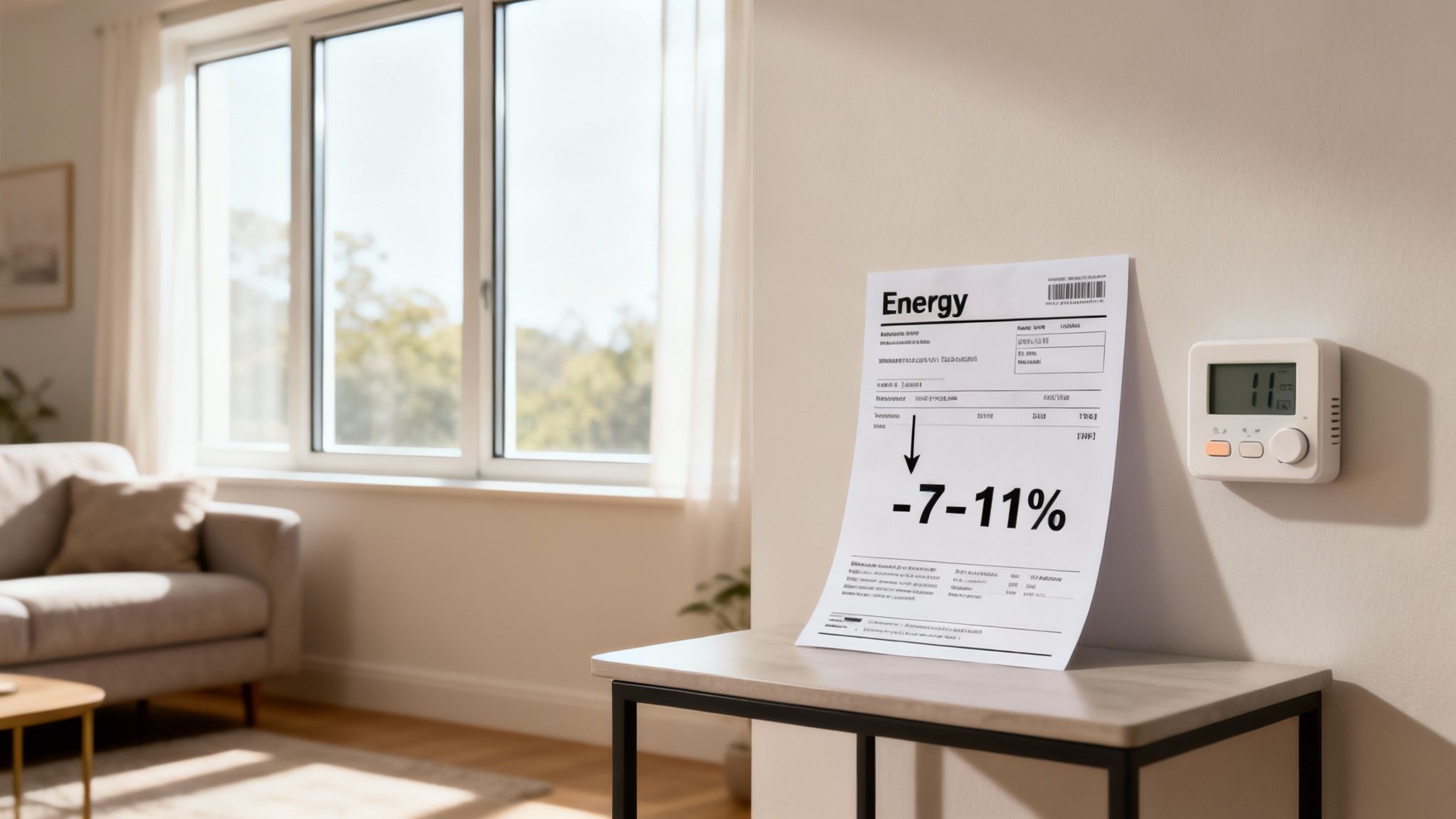 Et lyst rum med store vinduer, en energiregning der viser besparelser, og en digital termostat på væggen.