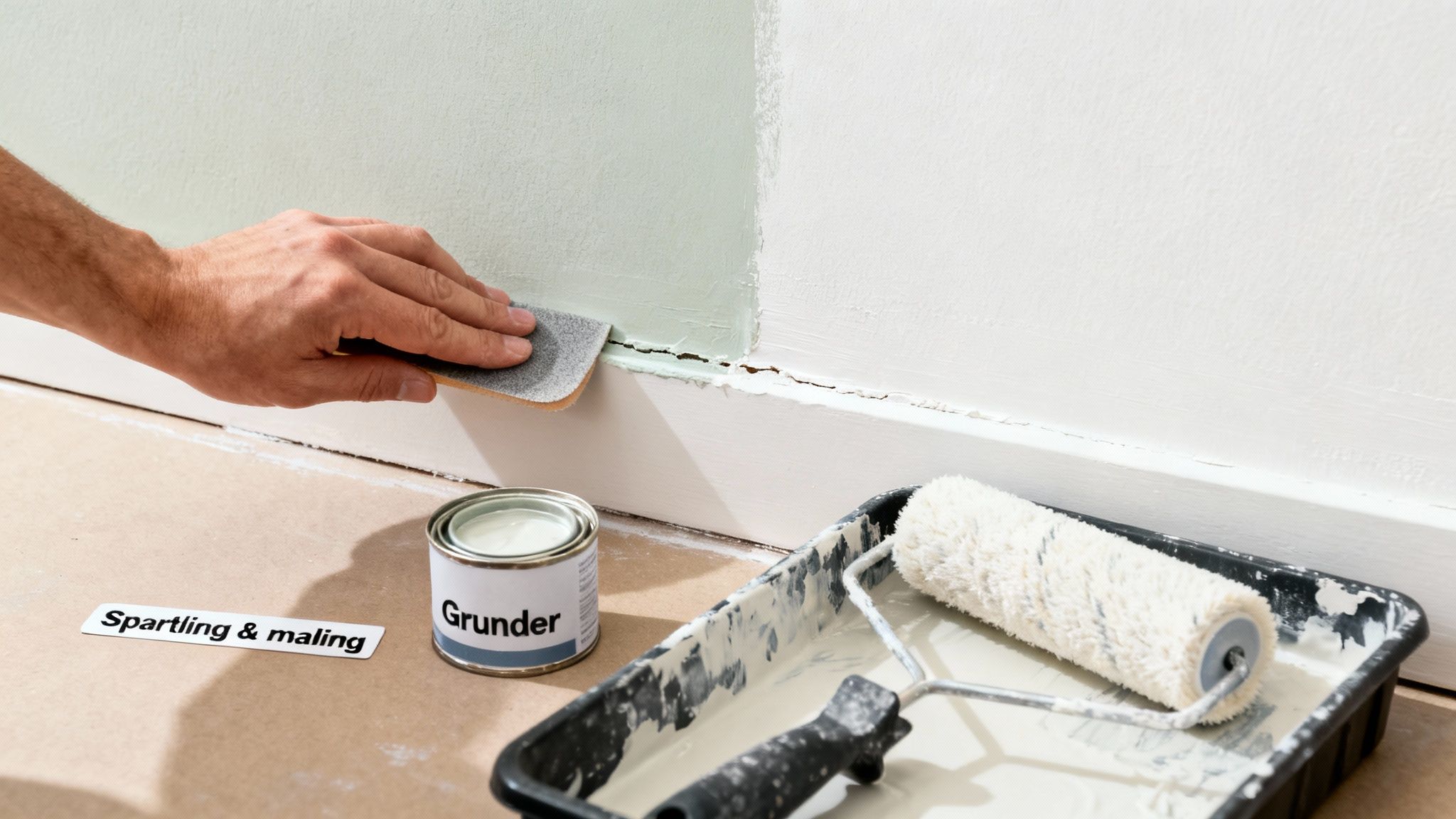 En hånd sliber en væg med sandpapir nær en dåse med grunder og en malerrulle. Revner i væggen ses.