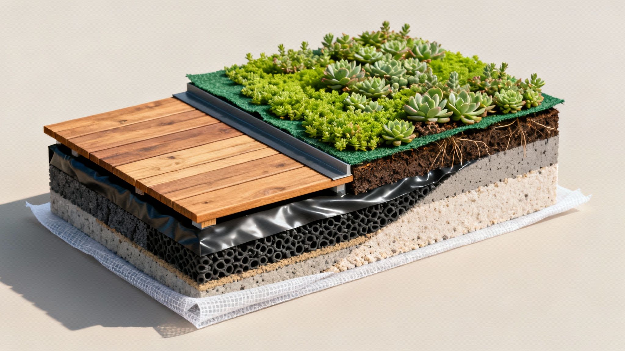 Detaljeret snit af sedumtag med planter, jord, dræn og isoleringslag samt træterrasse.