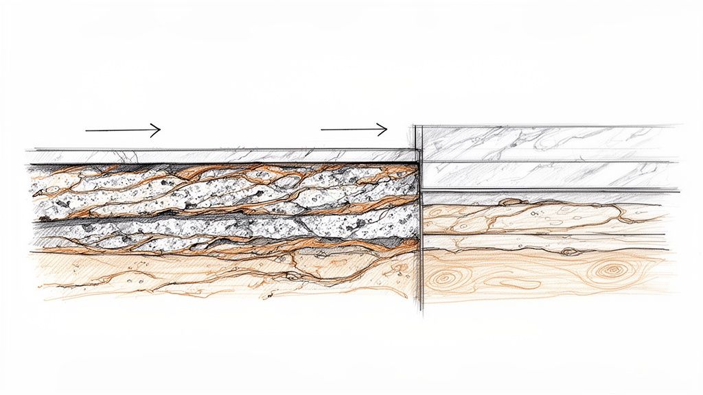 Illustration af tværsnit af bordpladematerialer med lagdelt struktur og en mulig samling.