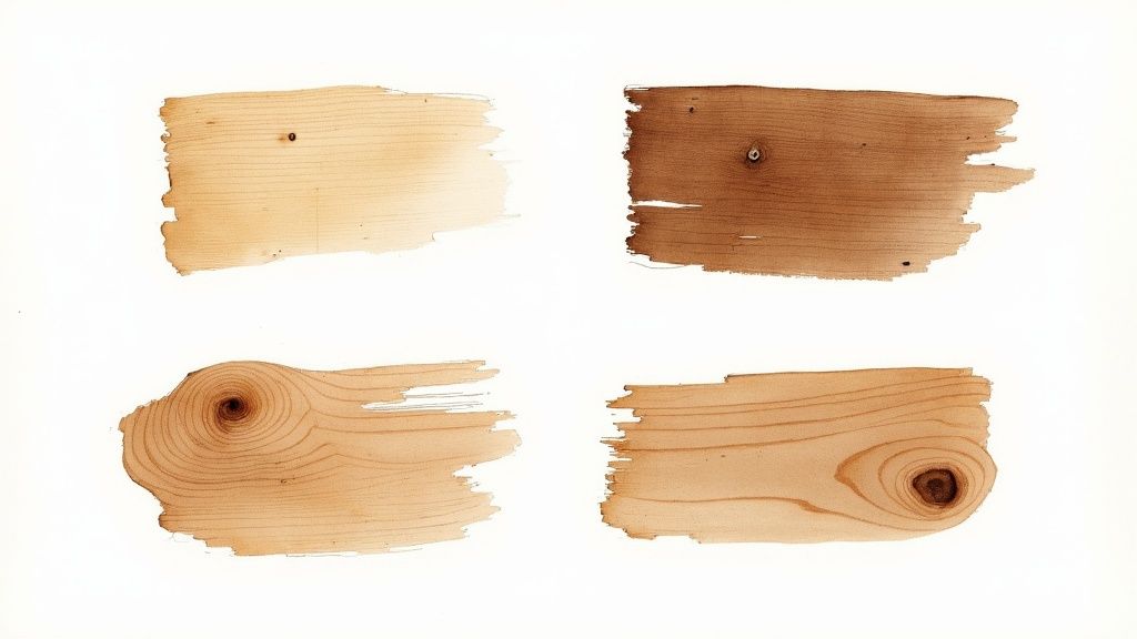 Fire penselstrøg af træprøver med forskellige farver og åremønstre, inklusive knaster, på en hvid baggrund.
