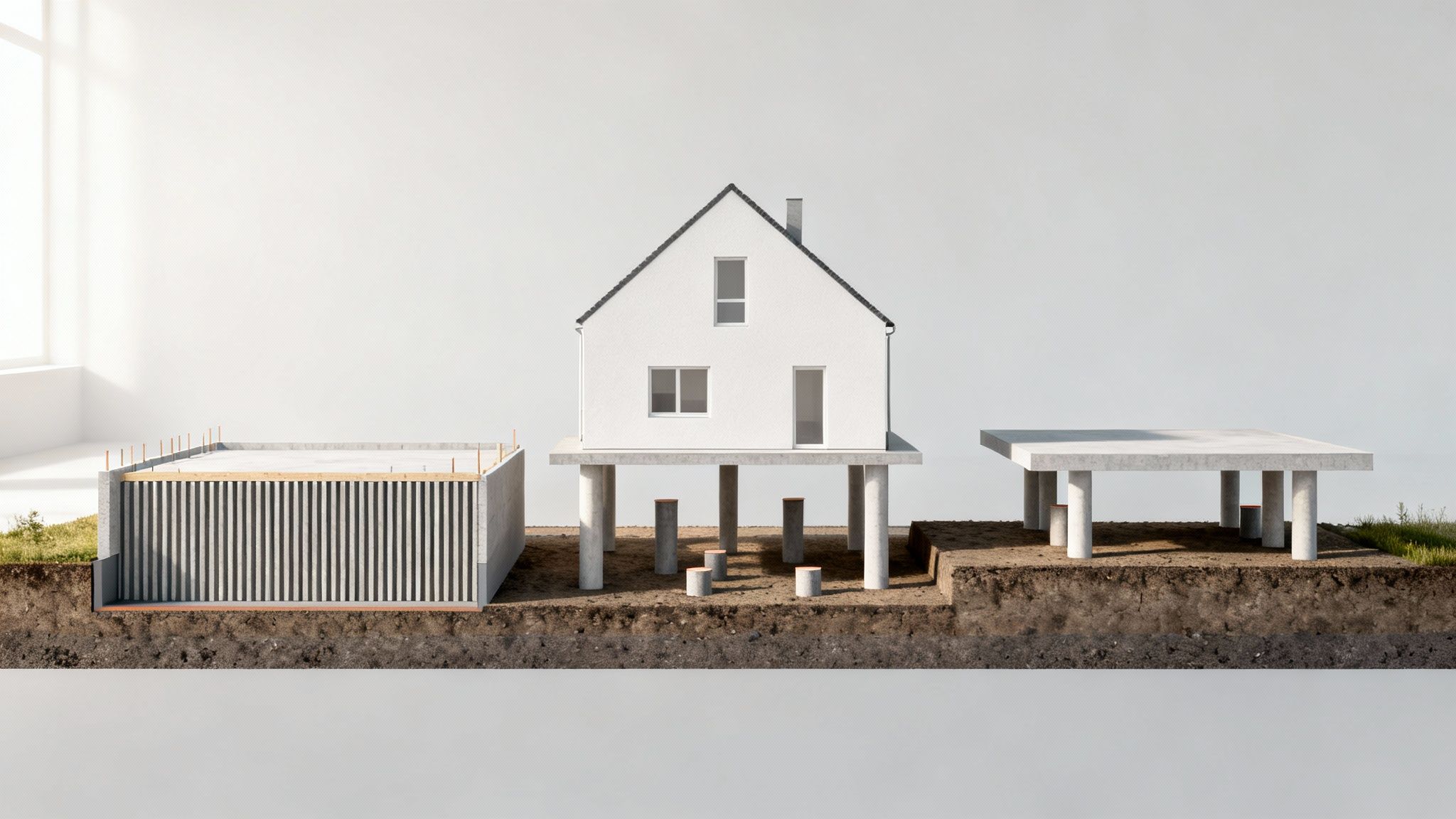 Illustration af tre fundamenttyper til husbyggeri: kælderfundament, pælefundament og hævet betonplade.