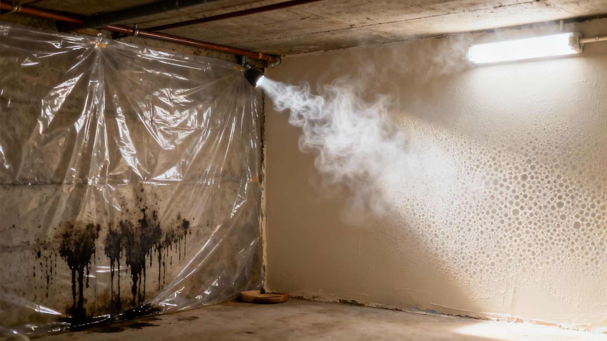 Kældervæg med sort dryp under plastfolie, damp fra dyse og boblet tekstur på hvid væg.